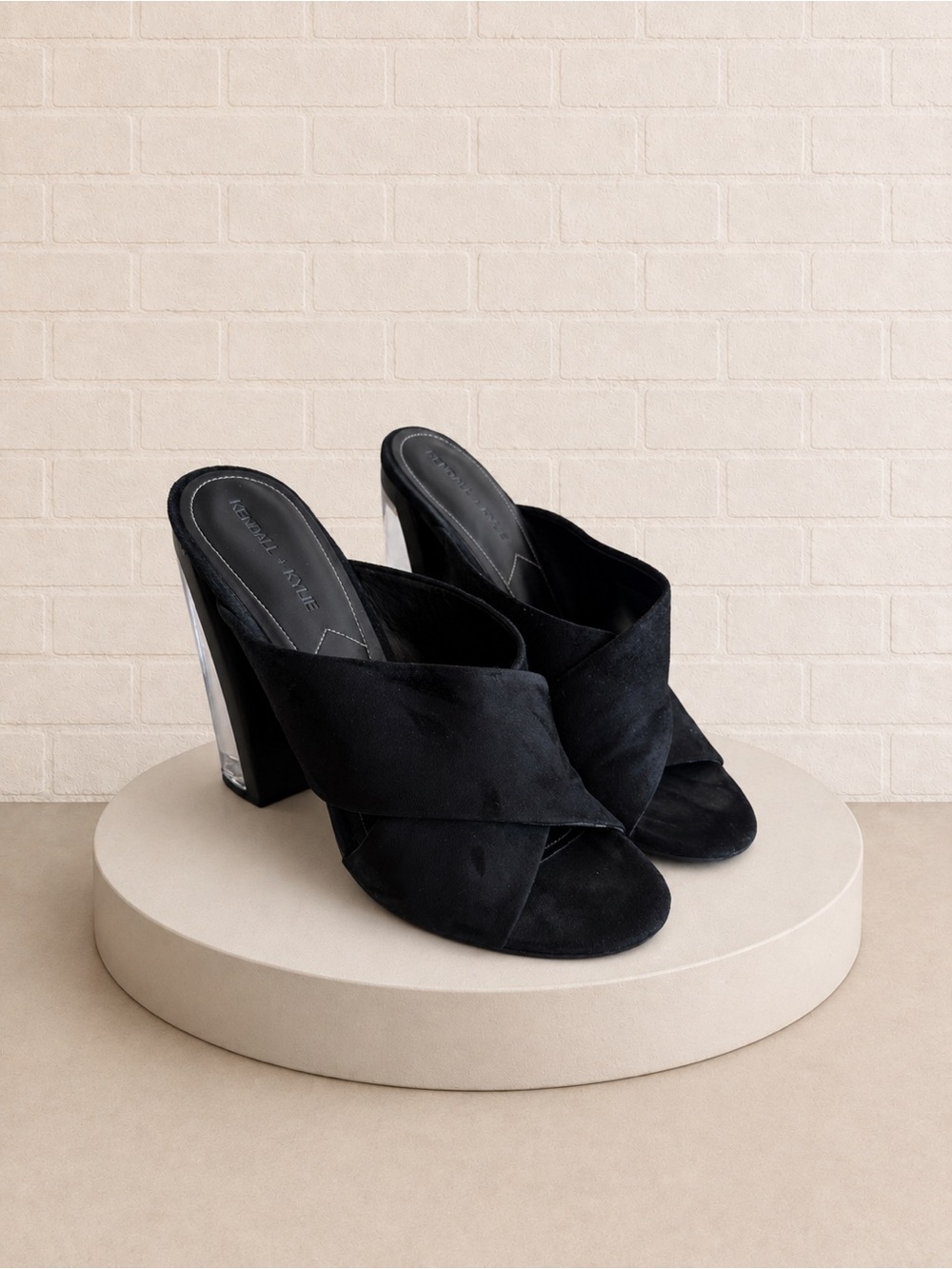 Kendall & Kylie Black Suede Crisscross Block Heel Mules